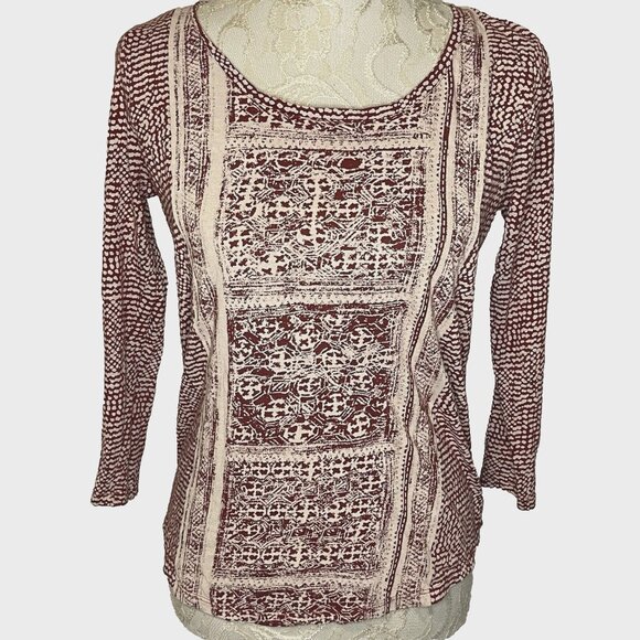Lucky Brand Women's sz S Red Tan Print Boho Asymmetrical 3/4 Sleeve Top Shirt - Picture 1 of 8